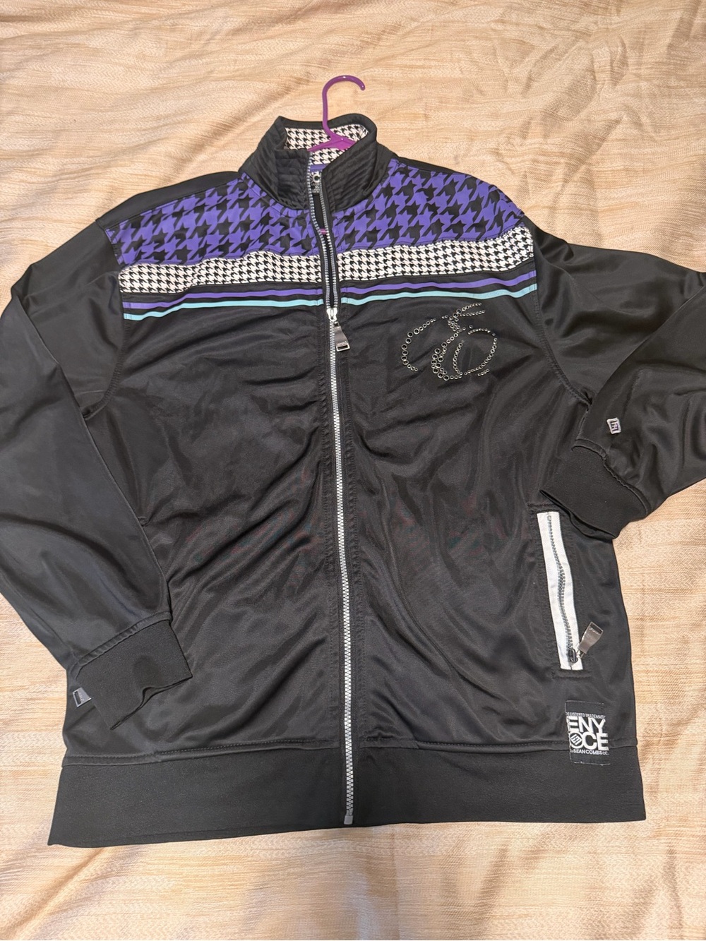 Vintage Enyce  Black Track Jacket with Purple Houndstooth Detail